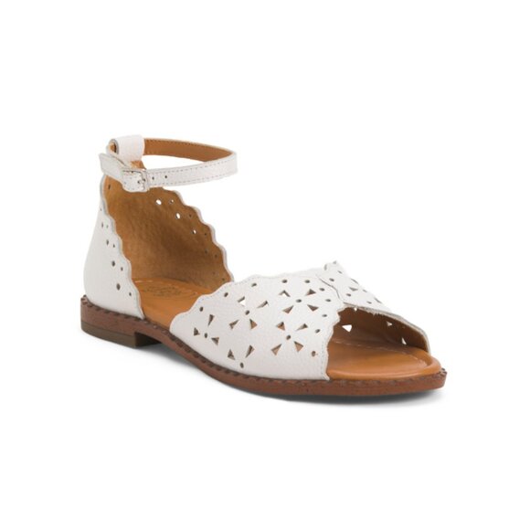 HAPPYMONK White Leather Laser Cut Toe Cap Flat Sandals - Picture 1 of 2